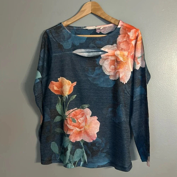 Soft Surroundings Evening Primrose Tunic Sweater, Sz M Petite, Cutout, Blue - Picture 2 of 7